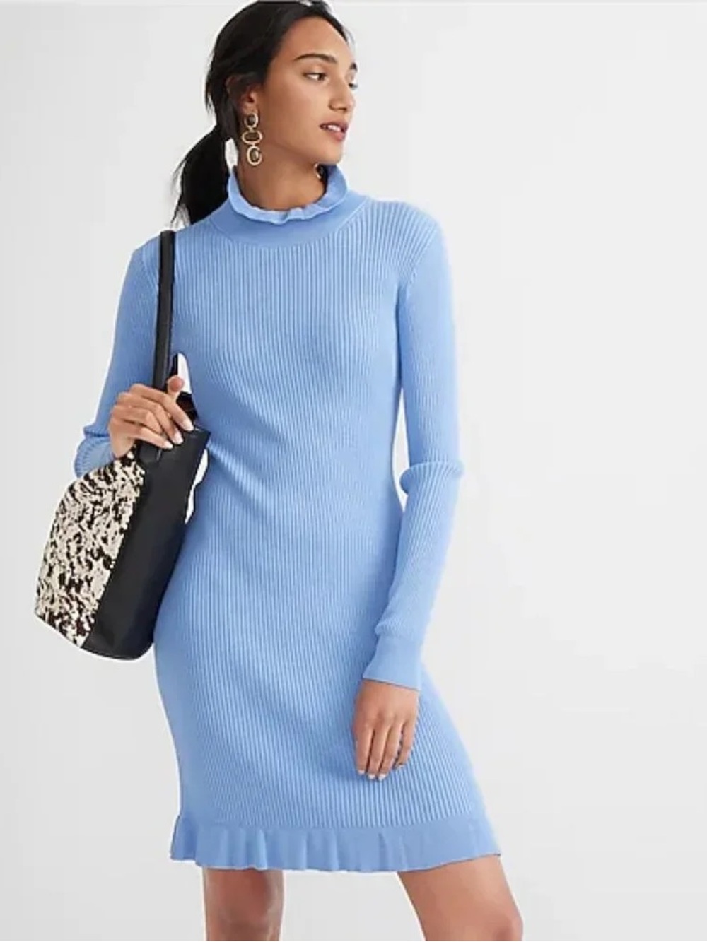 NWT J. Crew Supersculpt Ruffleneck Mini Sweater Dress, Size M, Blue